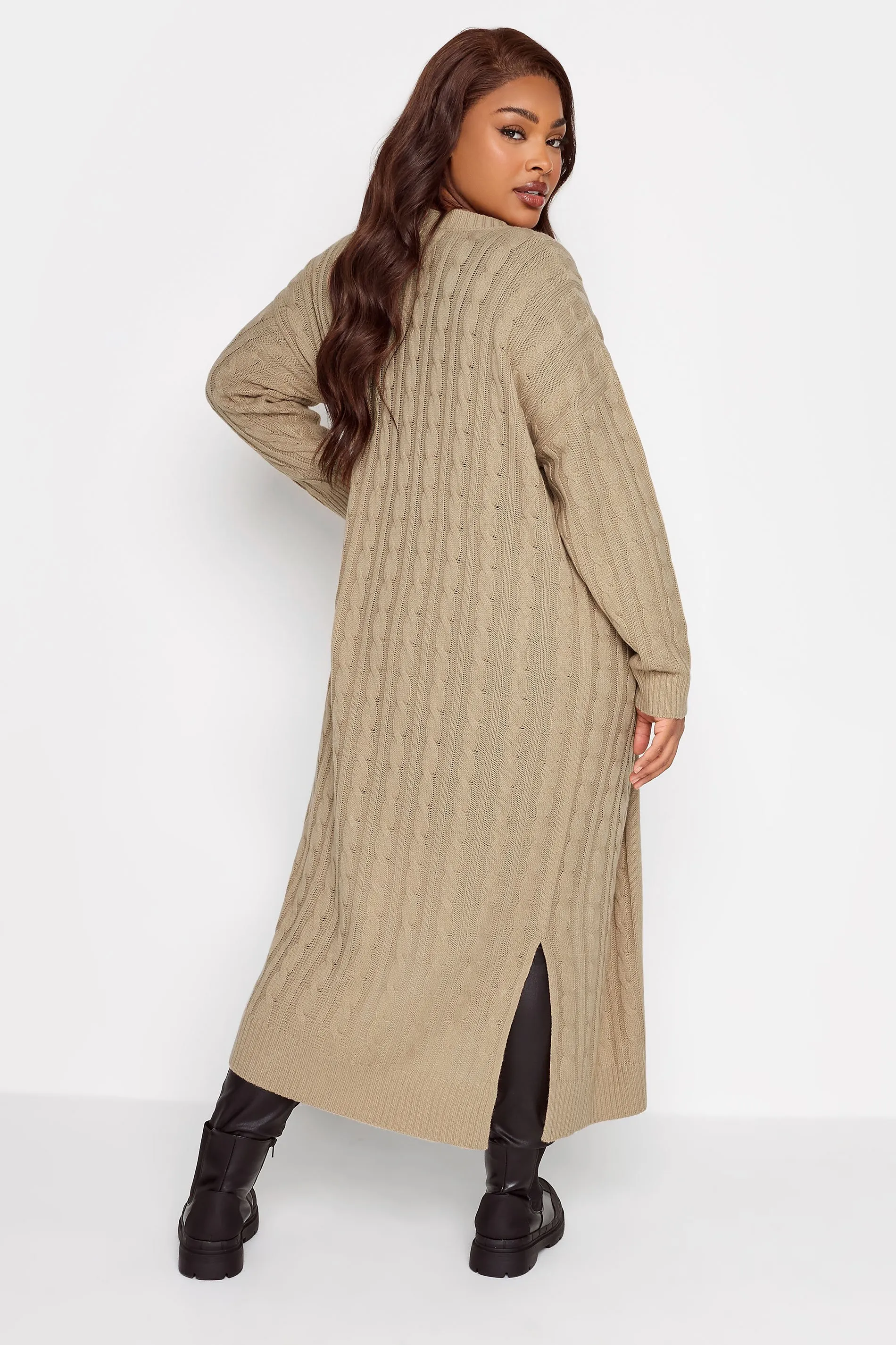 YOURS Curve Beige Brown Cable Knit Maxi Cardigan