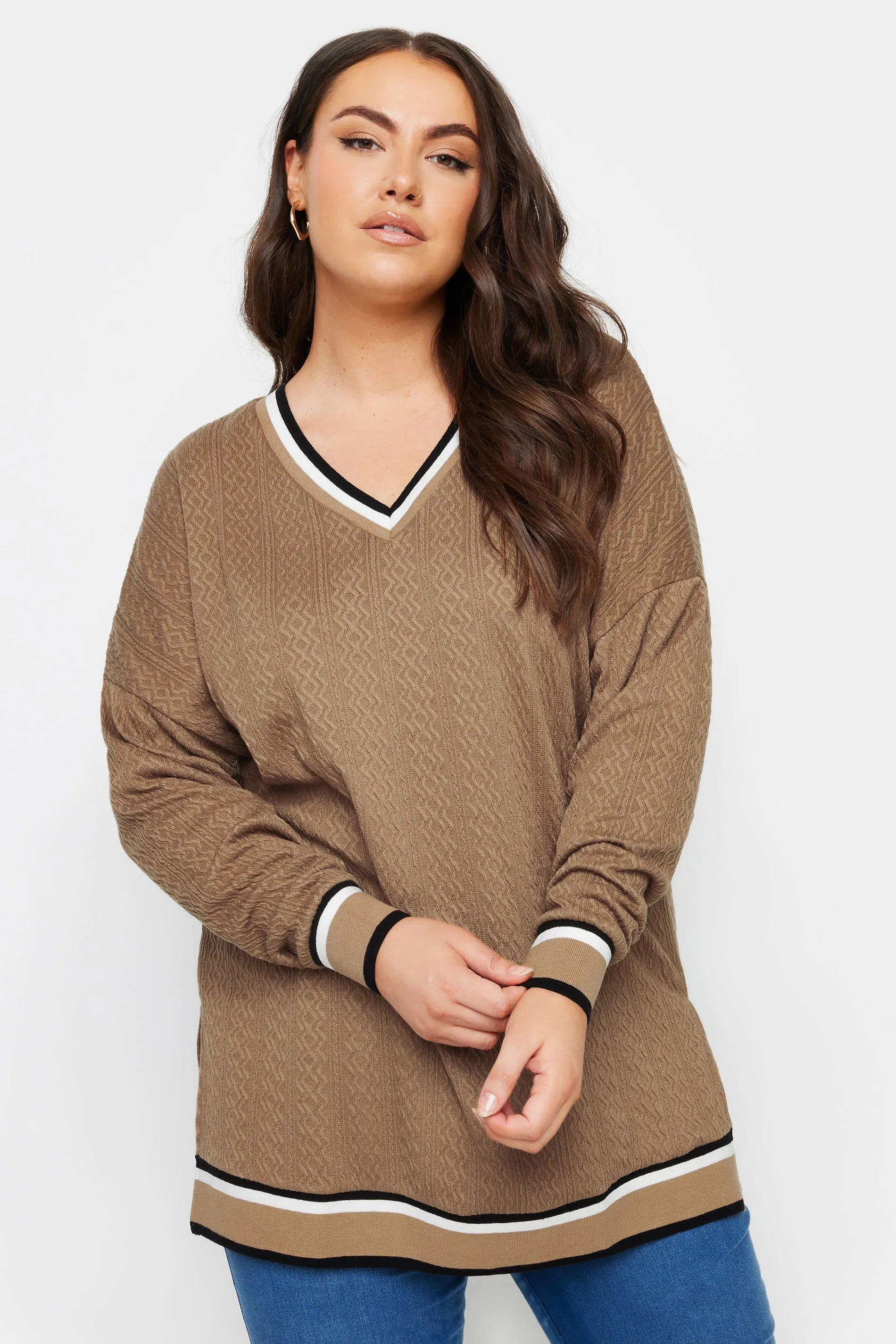 YOURS Curve Brown Cable Knit Sweatshirt