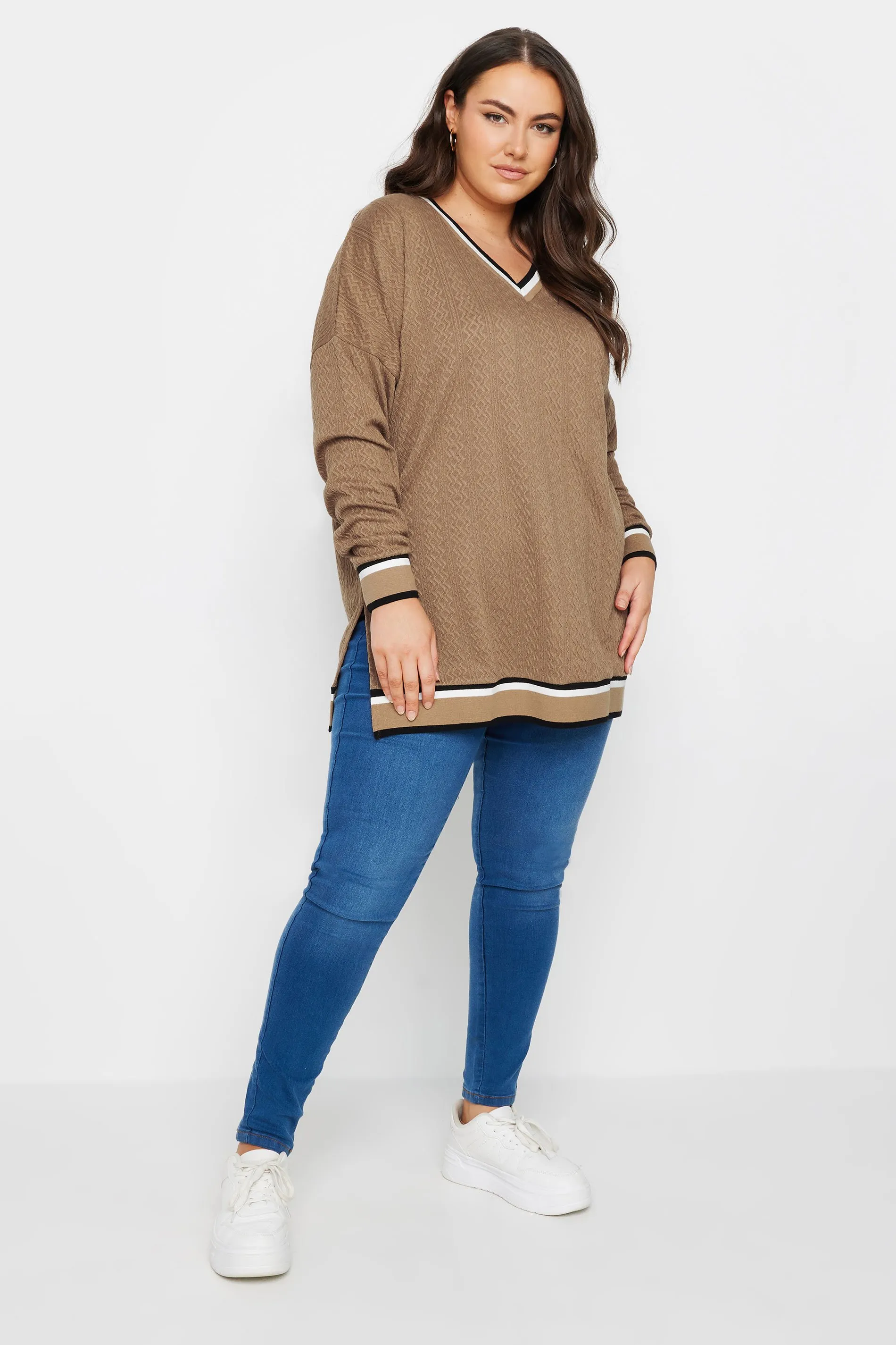 YOURS Curve Brown Cable Knit Sweatshirt