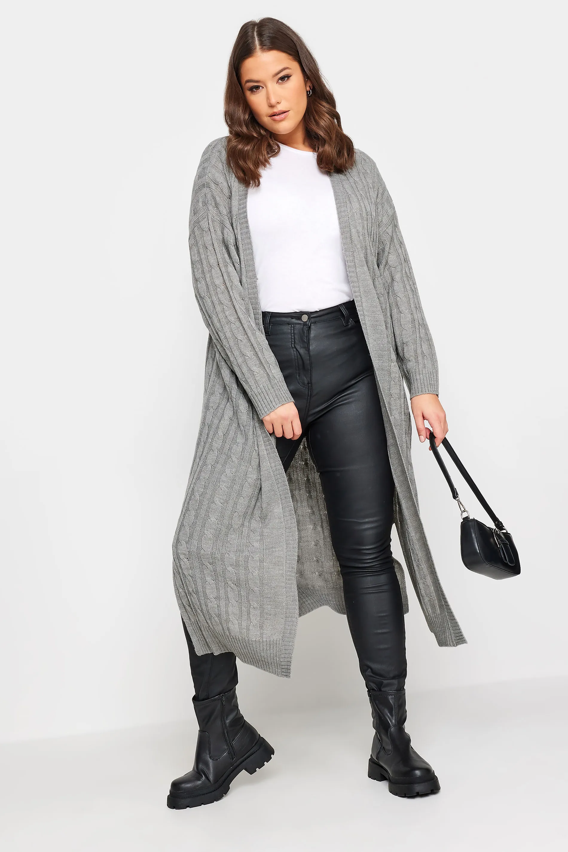 YOURS Curve Grey Cable Knit Maxi Cardigan