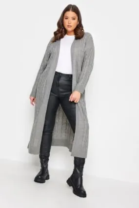 YOURS Curve Grey Cable Knit Maxi Cardigan