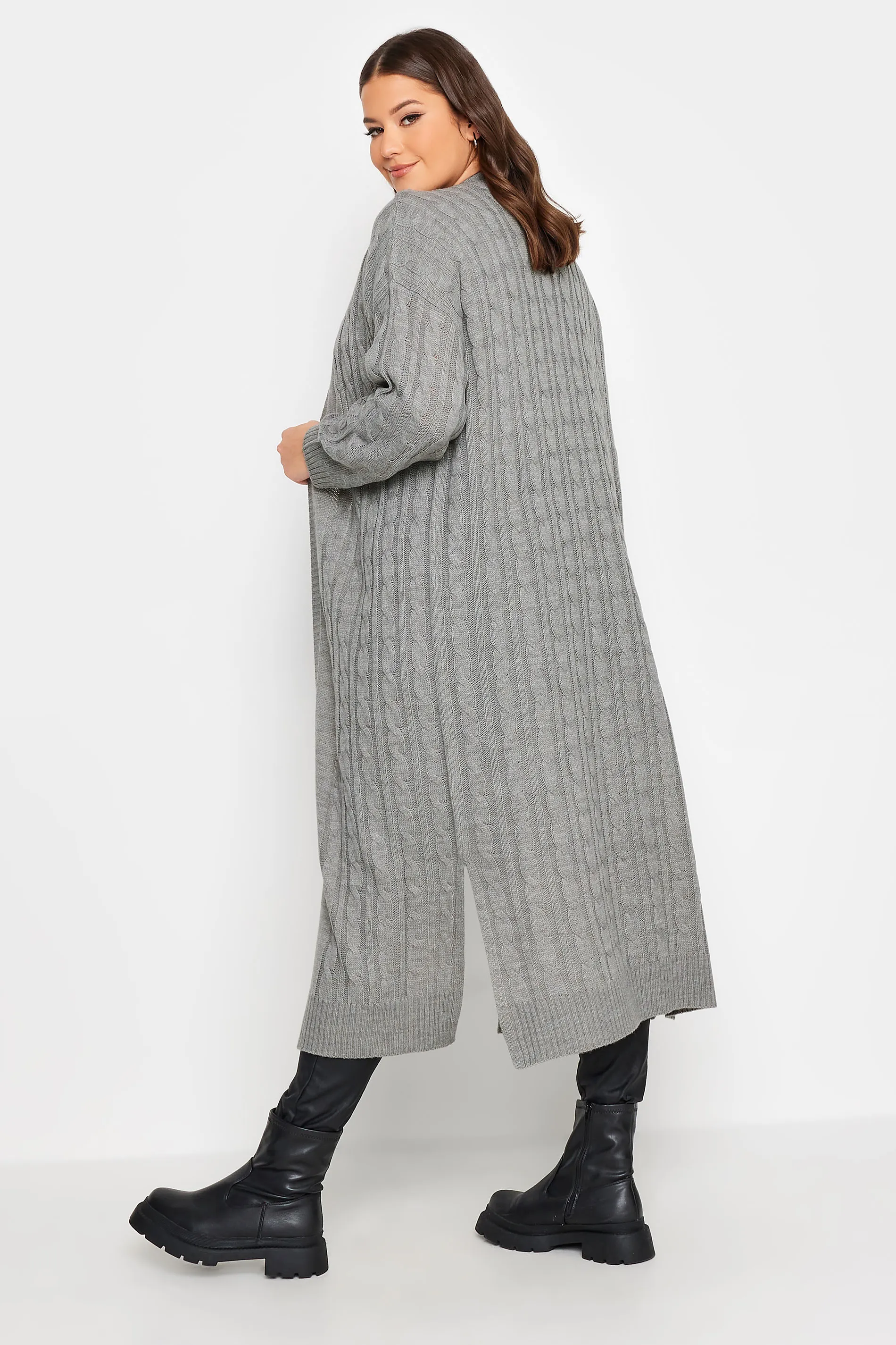 YOURS Curve Grey Cable Knit Maxi Cardigan