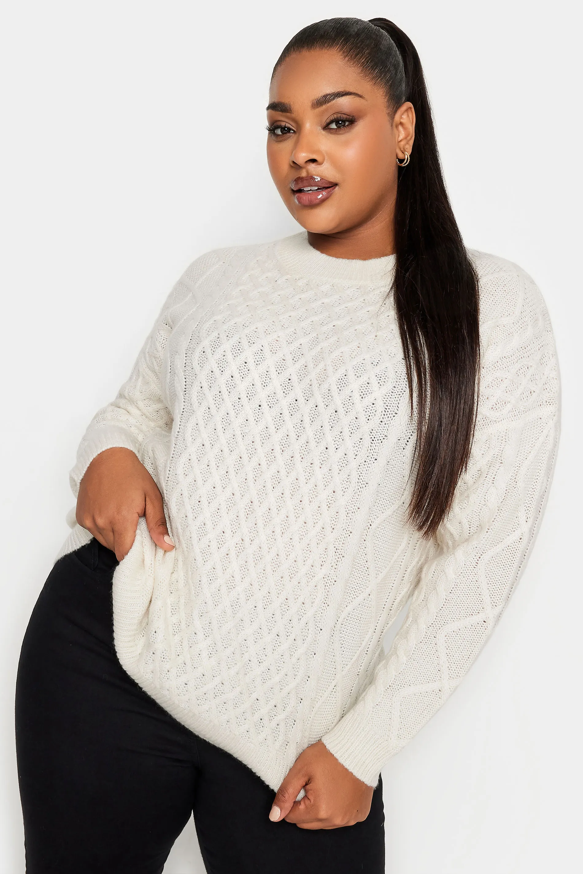 YOURS Curve White Cable Knit Jumper