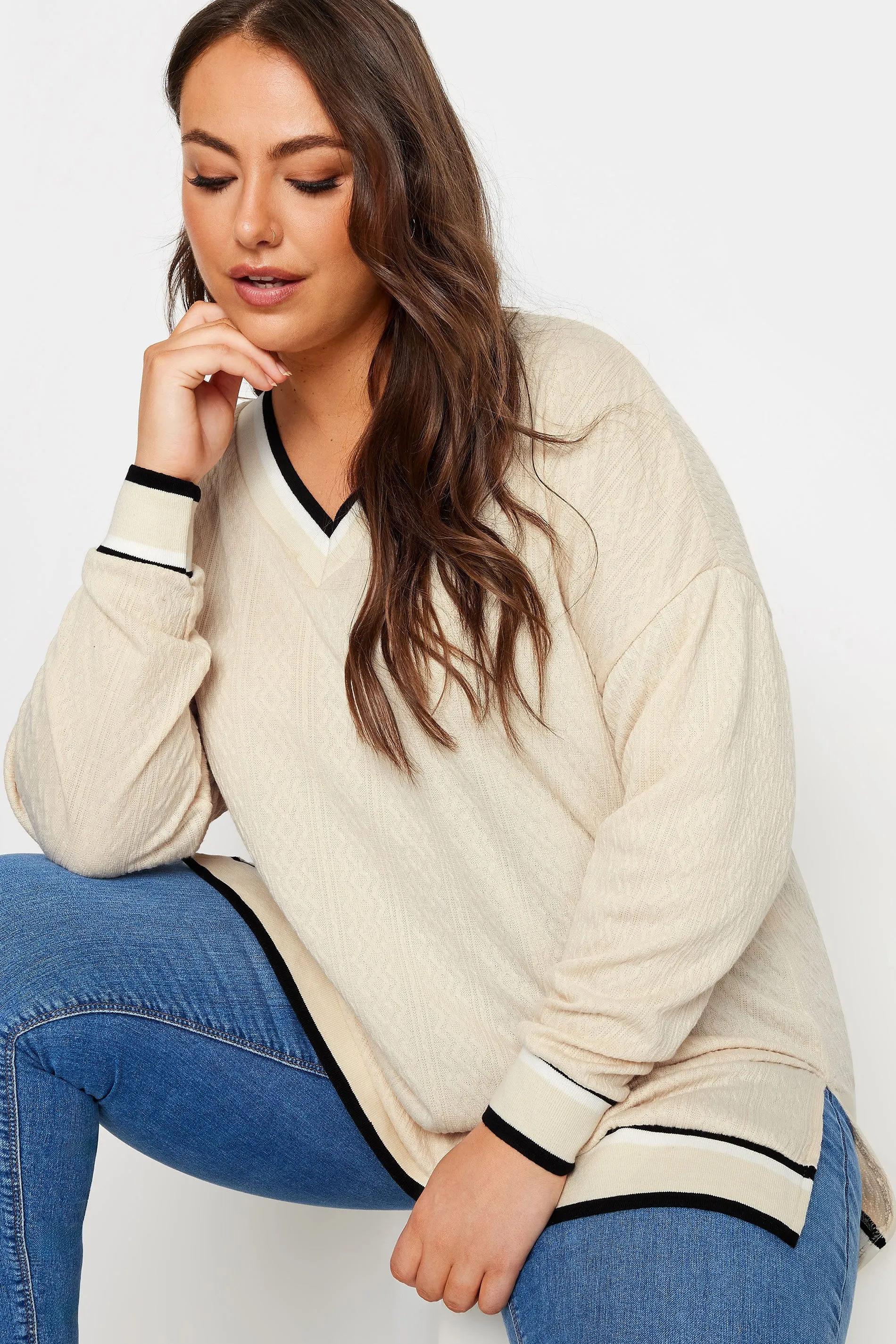 YOURS Curve White Cable Knit Sweatshirt