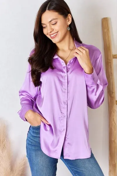 Zenana Satin Button Down Long Sleeve Shirt